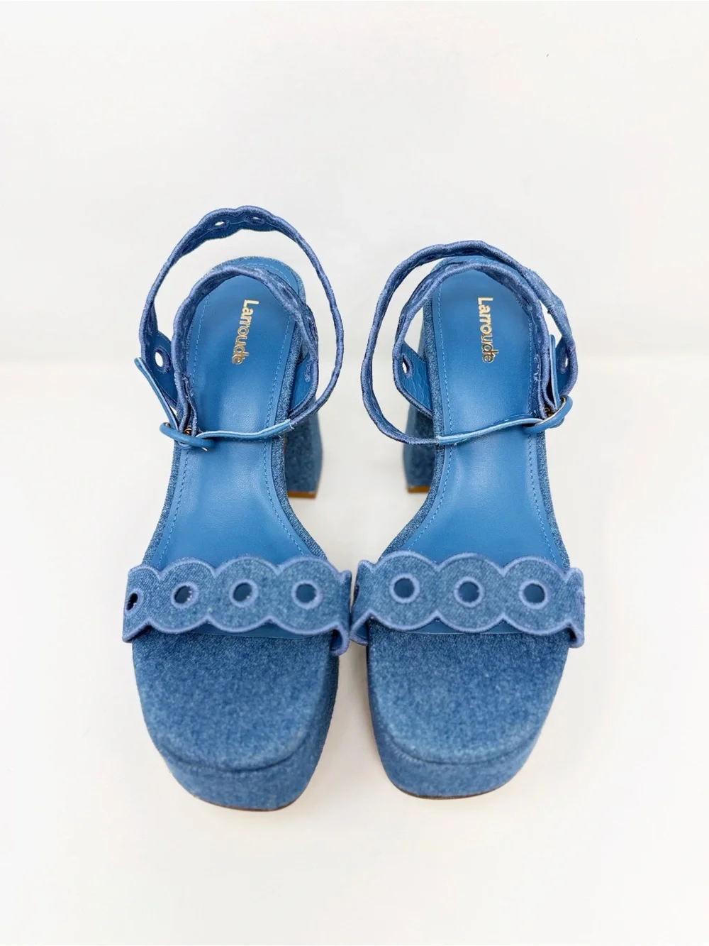 New Larroude Dolly Broderie Sandal In Blue Stoned Denim Sz 9.5